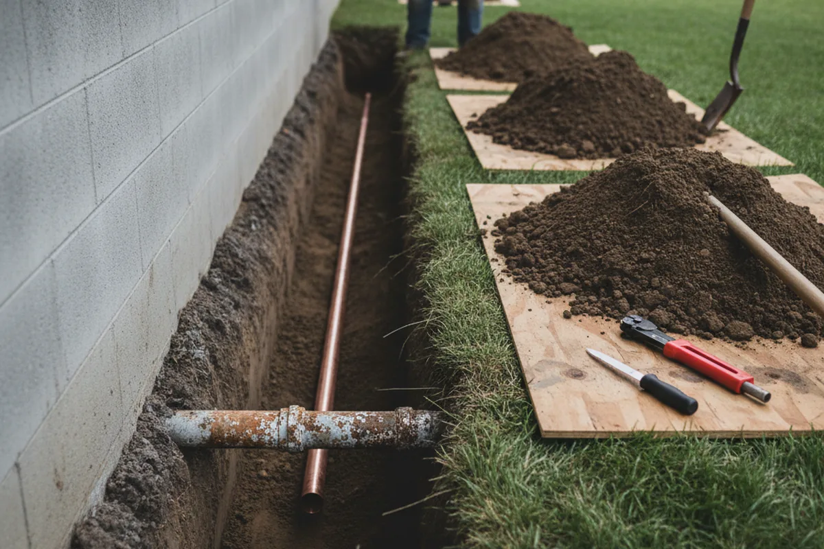 Excavated water line trench during Water Heater Repair in New York Mills